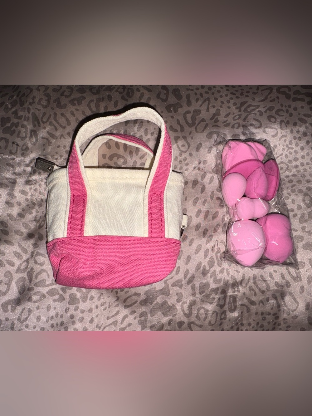 Pink and Cream Canvas Tote Bag with make up sponges